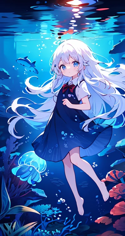(Peace Fly), (highest quality), Very detailed, 1 girl, Personal full-body photo, Perfect Face, beautiful girl, Very detailed顔,(Long white hair:1.5),(blue eyes:1.4),(Flowing Hair:1.4),(Underwater:1.4),sink,school fishy,Light,jellyfish,Seaweed,Redfish,fishy,deep sea,Fantasy
