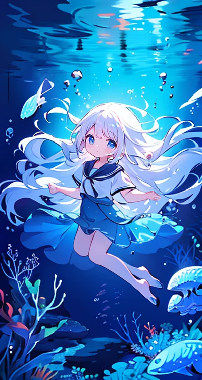 (Peace Fly), (highest quality), Very detailed, 1 girl, Personal full-body photo, Perfect Face, beautiful girl, Very detailed顔,(Long white hair:1.5),(blue eyes:1.4),(Flowing Hair:1.4),(Underwater:1.4),sink,school fishy,Light,jellyfish,Seaweed,Redfish,fishy,deep sea,Fantasy