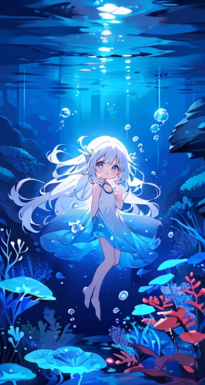 (Peace Fly), (highest quality), Very detailed, 1 girl, Personal full-body photo, Perfect Face, beautiful girl, Very detailed顔,(Long white hair:1.5),(blue eyes:1.4),(Flowing Hair:1.4),(Underwater:1.4),sink,school fishy,Light,jellyfish,Seaweed,Redfish,fishy,deep sea,Fantasy