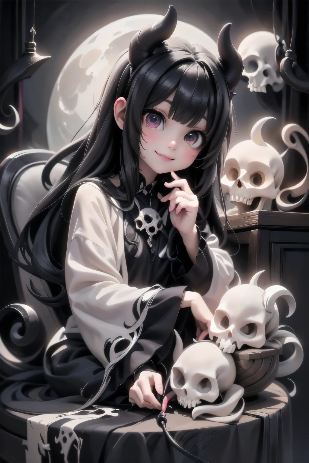 a cute demon girl sculping a skull, sitting on an gothic armchair, (((round_pumps))), night scene, moon at background, (magic) lanterns floating