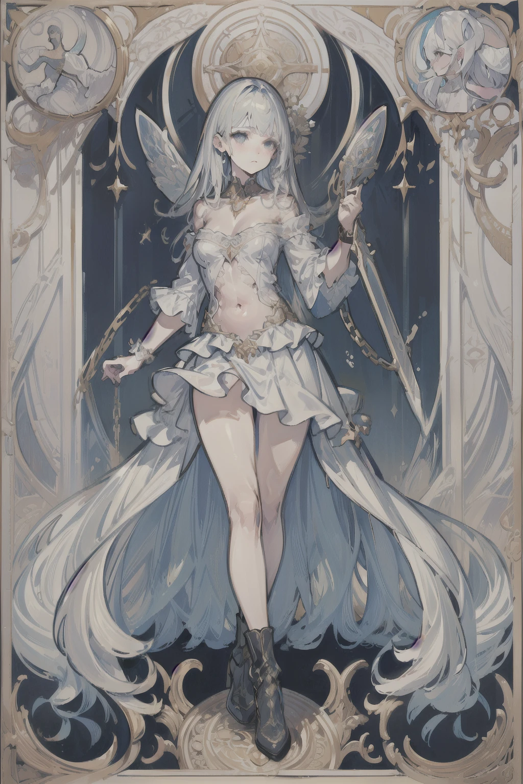  ((best quality)), ((masterpiece)), (detailed), 1girl, Character design, female, dynamic poses, long white grey hair, grey white eyes, very skinny, detailed, best quality, no accesoires around the neck, no shoes, prominent collarbones, skinny arms, flat stomach, visible hip bones, full body, blank white background, plain background, white background, red and white clothing, Bloodborne inspired, occult aesthetic, occult, detailed and intricate steampunk and detailed gothic, NSFW, Very dramatic and cinematic lighting, cosmic horror, grim-dark, side-lighting, perfect face, NSFW, Fluttering lace flared long knee length dress with frilly petticoats, knee length dress, pleated petticoats, petticoats gothic, complex lace boots, side-lighting, gothic aesthetic, wielding a mighty sword with mechanical components, mandalas, a fairy, various different types of insect wings, NSFW, full body, whole body, body, plain background, white background, blank background, no background, white background NSFW, chains, full body, whole body, head-to-toe NSFW 