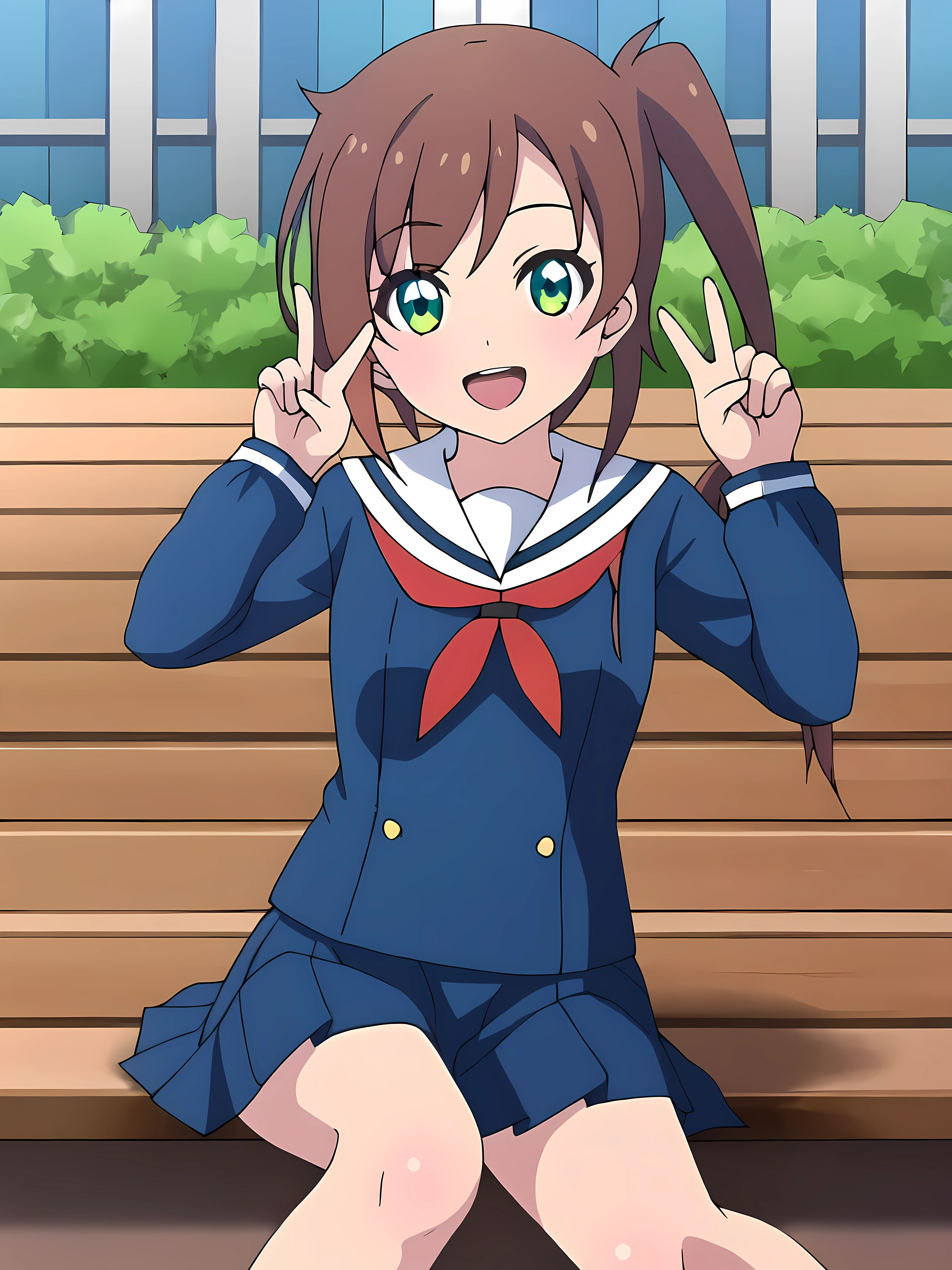 ShizuruChikura,brown hair,side ponytail,green eyes, smiling, happy, looking at viewer, peace sign, blue school uniform,serafuku, blue skirt, knee-length skirt, bare legs, close-up