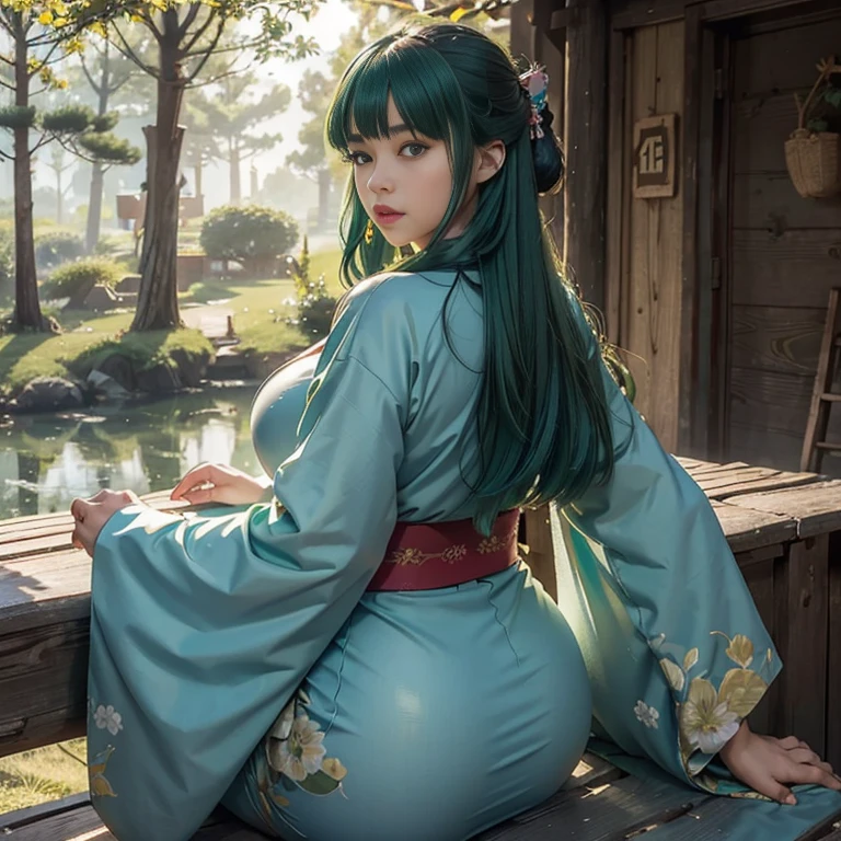 down perspective, kimono, wide hips, huge butt, thick thighs, looking back, pov, close up, cabin background, sunlight, ,maomao,1girl,blunt bangs,green hair,long hair,blue eyes,solo, full body (NSFW breasts), hdri, extremely naked, nude, nua, pelada, nsfw, gigantic breast 1.9, no half leg