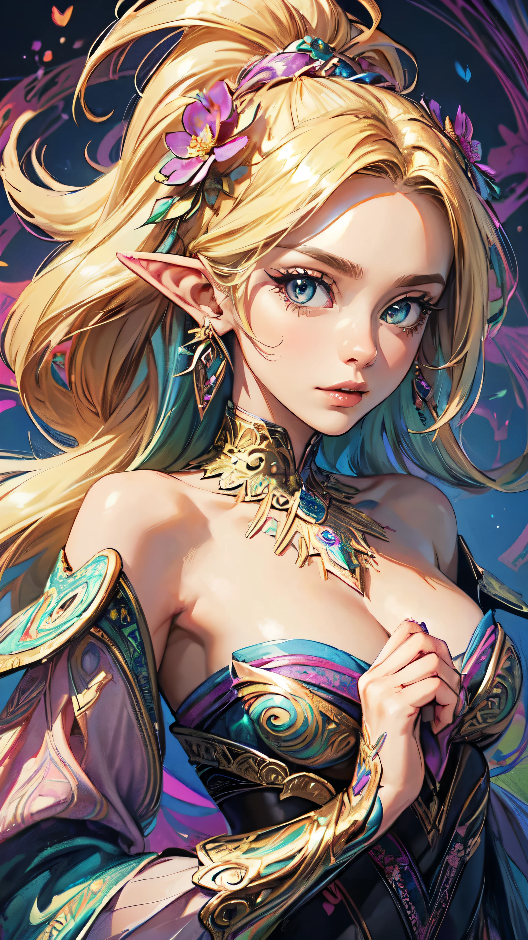 (best quality, masterpiece, official art, beautiful and aesthetic:1.2), 1girl, dynamic pose, particle, wind, flower, upper body, simple background, looking at viewer, blonde, extremely detailed, (fractal art:1.2), colorful, (zentangle:1.2), (abstract background:1.5), (many colors:1.4), pixelated fragments, data corruption,colorful noise, visual chaos, contemporary aesthetics, (hair ornaments, earrings, flowers hair ornaments),detailed eyes, detailed hands, detailed face, colors, elf woman, full body