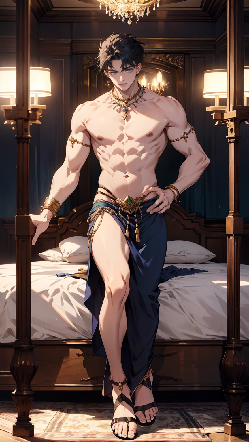  (masterpiece, best quality, highres, ultra-detailed),(beautiful and aesthetic:1.2),  detailed eyes and fac,  full body, ((1 man)), adult, (dark blue hair), (green eyes), male body, male focus, Beautiful body, perfect body, harem, belly dancer outfit, belly many colours skirt, sandals, transparent, expensive bracelets on arms and legs,  luxury castle , luxury bedroom, luxury bed,