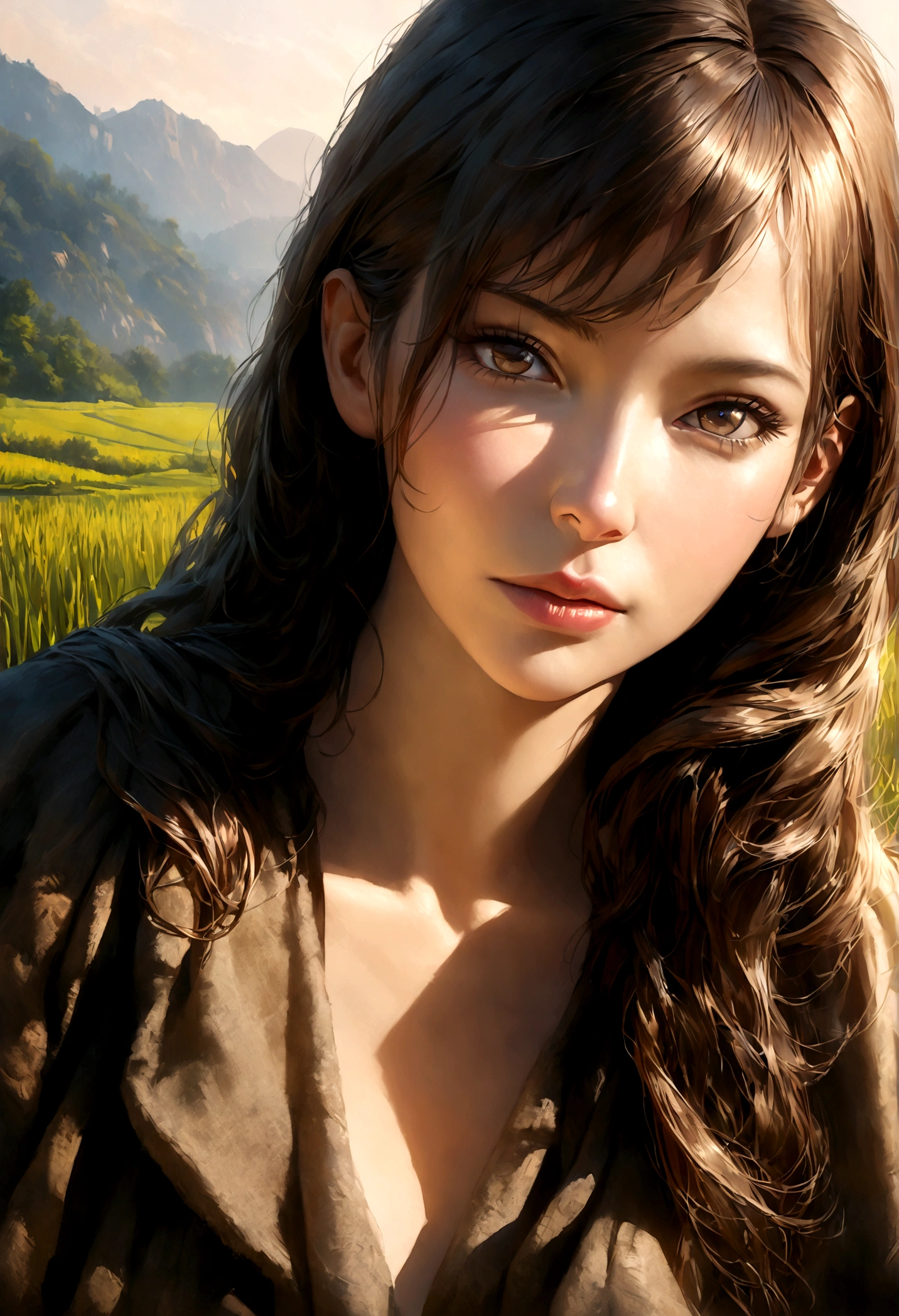 a rich woman sitting in a rice field, beautiful detailed eyes, beautiful detailed lips, extremely detailed face and skin, long eyelashes, elegant dress, serene expression, wide angle, landscape, photorealistic, high quality, vibrant colors, warm lighting, detailed background, (best quality,4k,8k,highres,masterpiece:1.2),ultra-detailed,(realistic,photorealistic,photo-realistic:1.37)