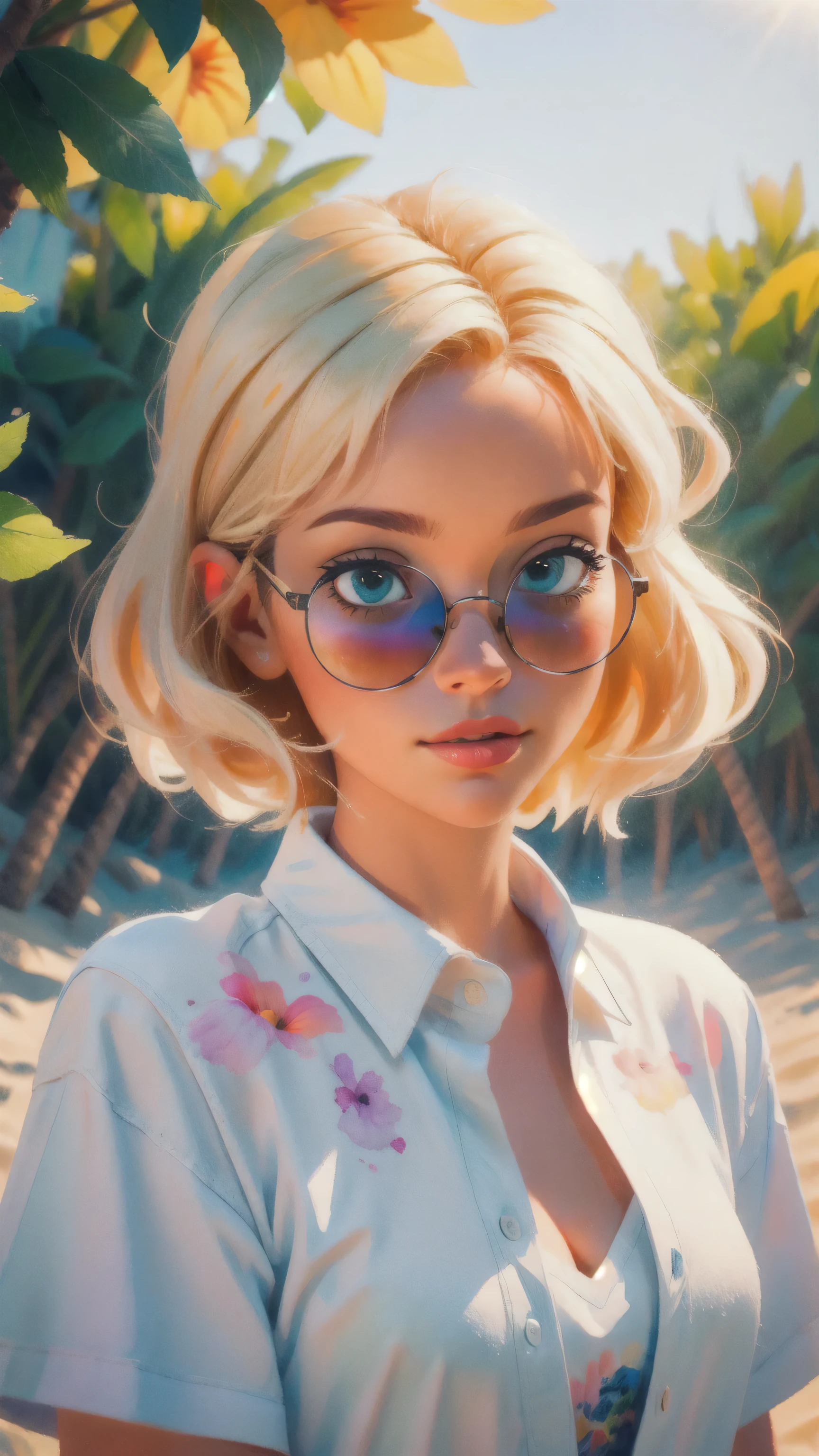 (masterpiece:1.4), (best quality:1.4),a blond, handsome man wearing a beach shirt and white outfit, wearing sunglasses, looking like a model, illuminated by natural light and sunlight, positioned on the beach, 3D cartoon style, vibrant, colorful, Watercolor, Ink, (best quality,4k,8k,highres,masterpiece:1.2),ultra-detailed,extremely detailed eyes, vivid colors, detailed background, detailed face, (sunlight theme:1.1), (style-swirlmagic:0.8), morning, wonderful art, vibrant colors