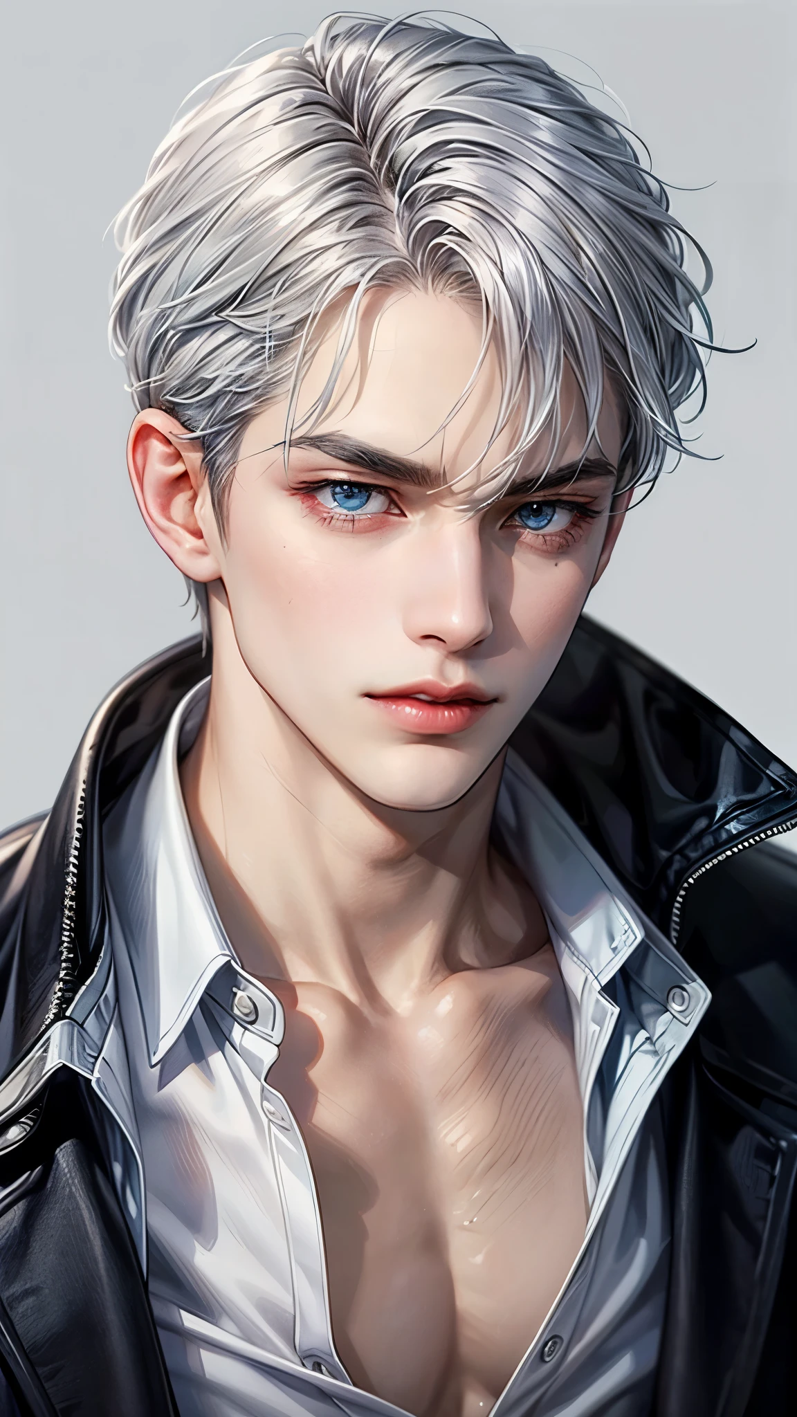 Boy, silver hair, blue eyes, serious sharp features, white skin, shiny lips, handsome, sweater