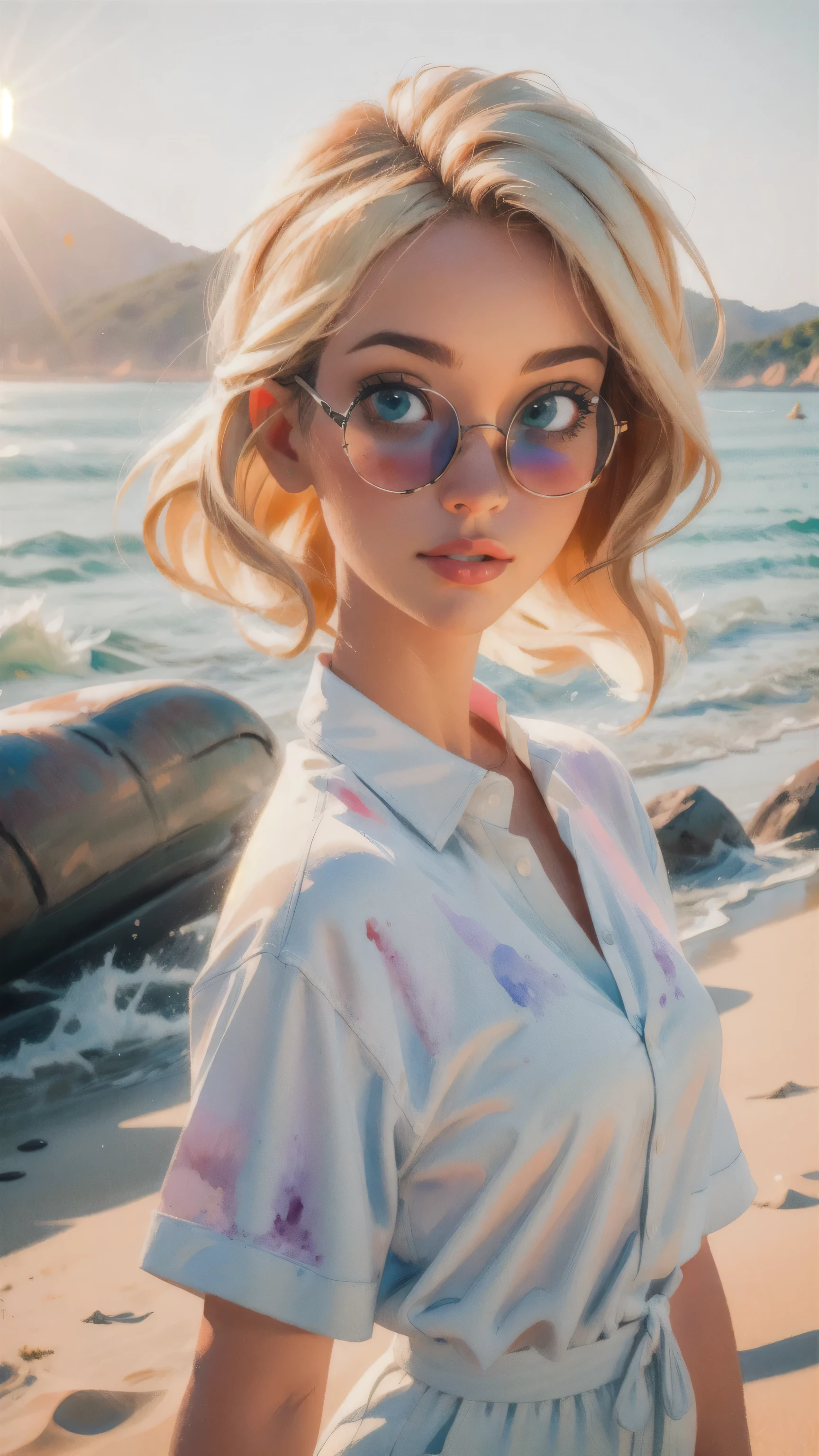 (masterpiece:1.4), (best quality:1.4),a blond, handsome man wearing a beach shirt and white outfit, wearing sunglasses, looking like a model, illuminated by natural light and sunlight, positioned on the beach, 3D cartoon style, vibrant, colorful, Watercolor, Ink, (best quality,4k,8k,highres,masterpiece:1.2),ultra-detailed,extremely detailed eyes, vivid colors, detailed background, detailed face, (sunlight theme:1.1), (style-swirlmagic:0.8), morning, wonderful art, vibrant colors