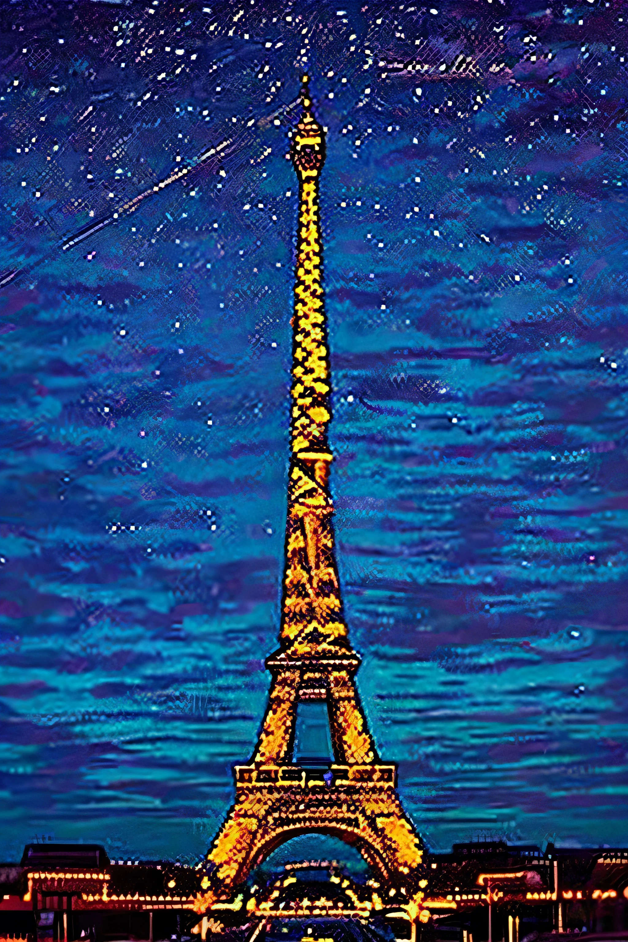 The Eiffel Tower in the dark, in the background lights from the buildings and street lamps
