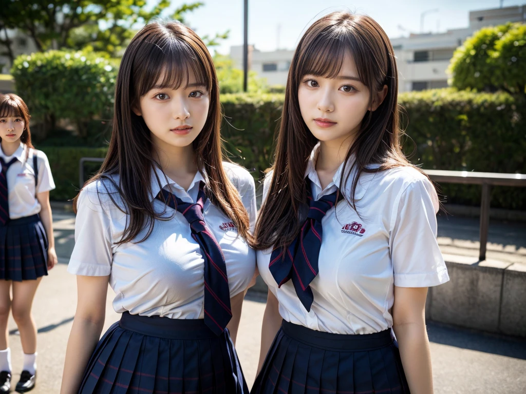 (RAW photo, 4k, masterpiece, high resolution, extremely complex) (realistic: 1.4), cinematic lighting
((2 girls, 2 schoolgirls)),Slam Dunk's,blushing,((innocent)),bright eyes,round eyes,blunt bangs,(straight hair:1.3),black hair,large breasts,wide hips,Summer Noon, ,Hot, (Best Quality), (Highres), (an Extremely Delicate and Beautiful),(Beautiful 8k face),(Brown eyes),short bob hair,( spectators),(gigantic breasts),(Play with each other,Touching each other's bodies,Touching the body),(Japanese high school uniform:1.3),blue skirt,(reality),bright lighting,(The background is a luxury hotel room)