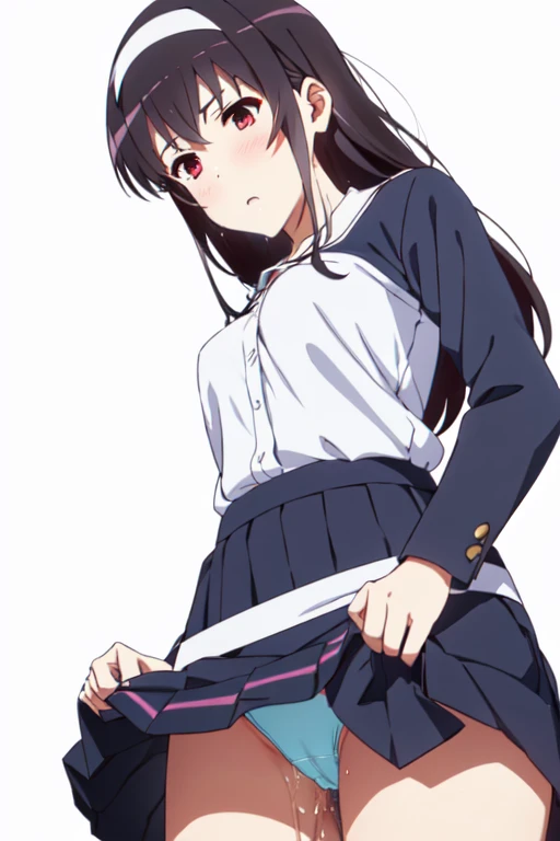 alone, One girl, View Viewer, 2D, anime, anime coloring, Upper Body, (Simple Background, White background:1.3),  utaha kasumigaoka, (((Skirt flip, I can see your panties)))，squat，From below，blush，Embarrassing， (( 指で膣を触ってMasturbationする)),Masturbation，orgasm，Love juice, 床にこぼれるLove juice, liquid splashing from girl, (( 指で膣を触ってMasturbationする))，Climax，Climax，Squirting，