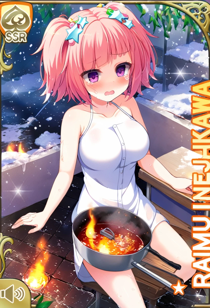 (nsfw, nude, naked, 1girl, solo) megumin , short hair, sidelocks, brown hair, red eyes, nipple、　, cooking,　large breasts、 flooding、 Abandoned amusement park、 fire、 heavy snowfall、 frozen、 file, crying、 whole body