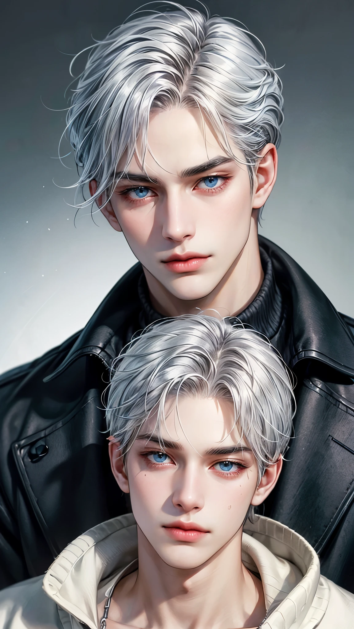 Boy, silver hair, blue eyes, serious sharp features, white skin, shiny lips, handsome, sweater