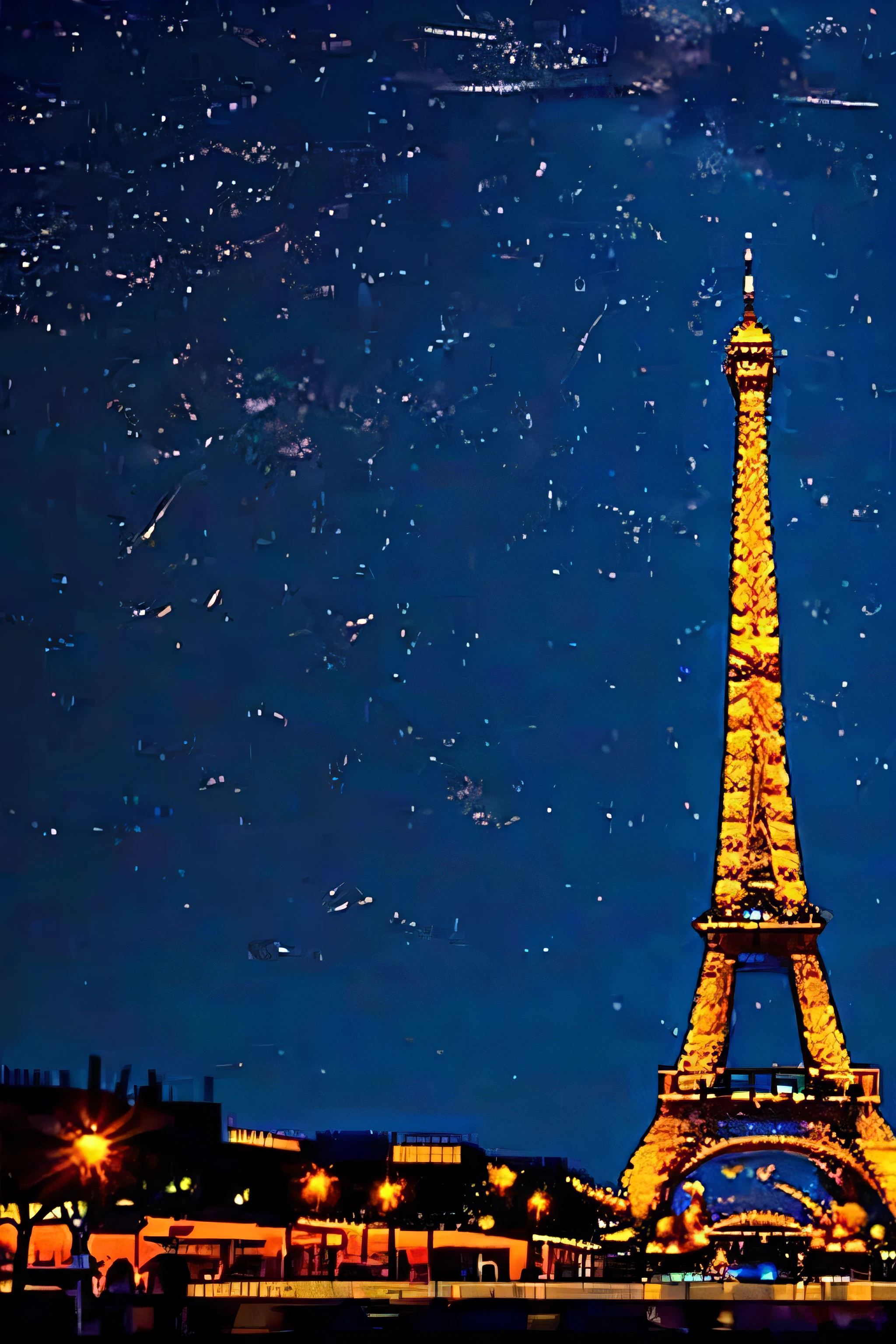 The Eiffel Tower in the dark, in the background lights from the buildings and street lamps