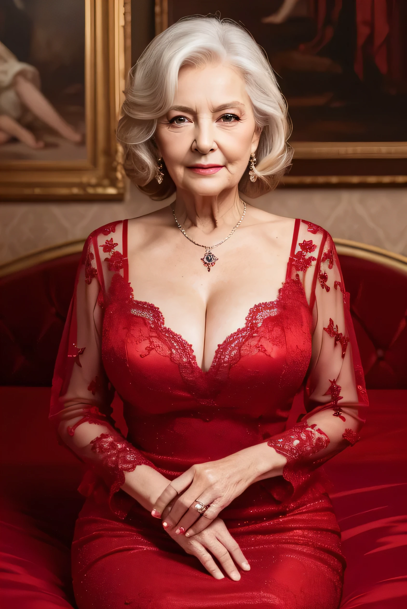 highest quality, masterpiece, High resolution, Realistic, RAW Photos, 8k wallpaper, perfection, Professional Lighting, Very detailed, ((One beautiful woman)), 80 years old, Sexy Woman, ((Red dress)), Cleavage, Full body image, ((look into the viewer&#39;eye)), Detailed face, Beautiful eye, ((I&#39;looking forward to it)), In the stylish dining room, sunny, bangs, Shapely breasts, Short Bob Hair, Plump and glossy lips, Cowboy Shot, ((Place your arms between your legs))