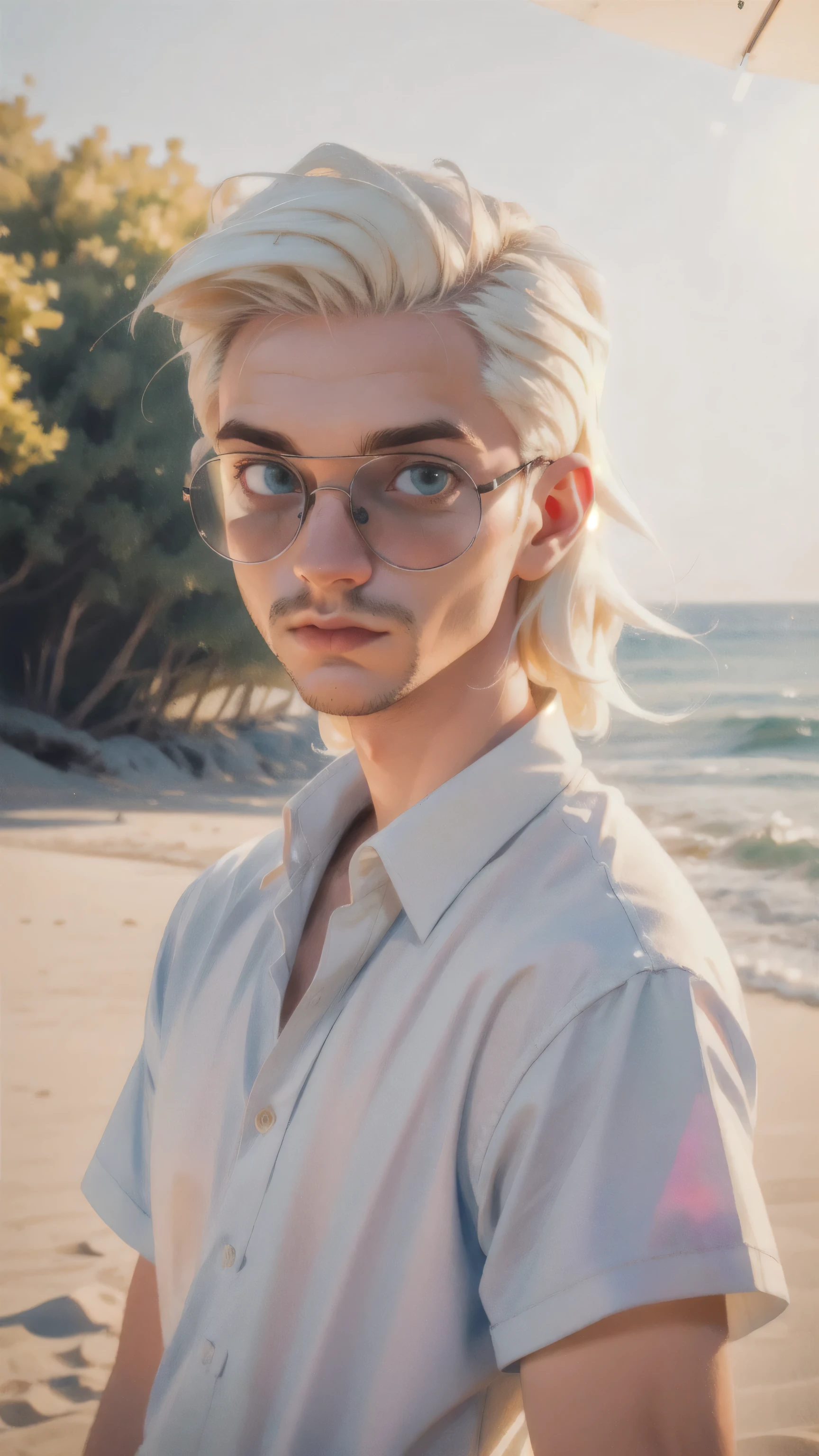 (masterpiece:1.4), (best quality:1.4), arafed man with a white shirt and sunglasses on posing for a picture, albino hair, looking like a model, illuminated by natural light and sunlight, positioned on the beach, one man is blond, style of seb mckinnon, kacper niepokolczycki, white - blond hair, short white hair shaved sides, adam varga, marshal mathers, platinum blond, meszoly geza, christian cline, blonde guy 3d animated cartoon, vibrant, colorful, Watercolor, Ink, (best quality,4k,8k,highres,masterpiece:1.2),ultra-detailed,extremely detailed eyes, vivid colors, detailed background, detailed face, (sunlight theme:1.1), (style-swirlmagic:0.8), morning, wonderful art, vibrant colors