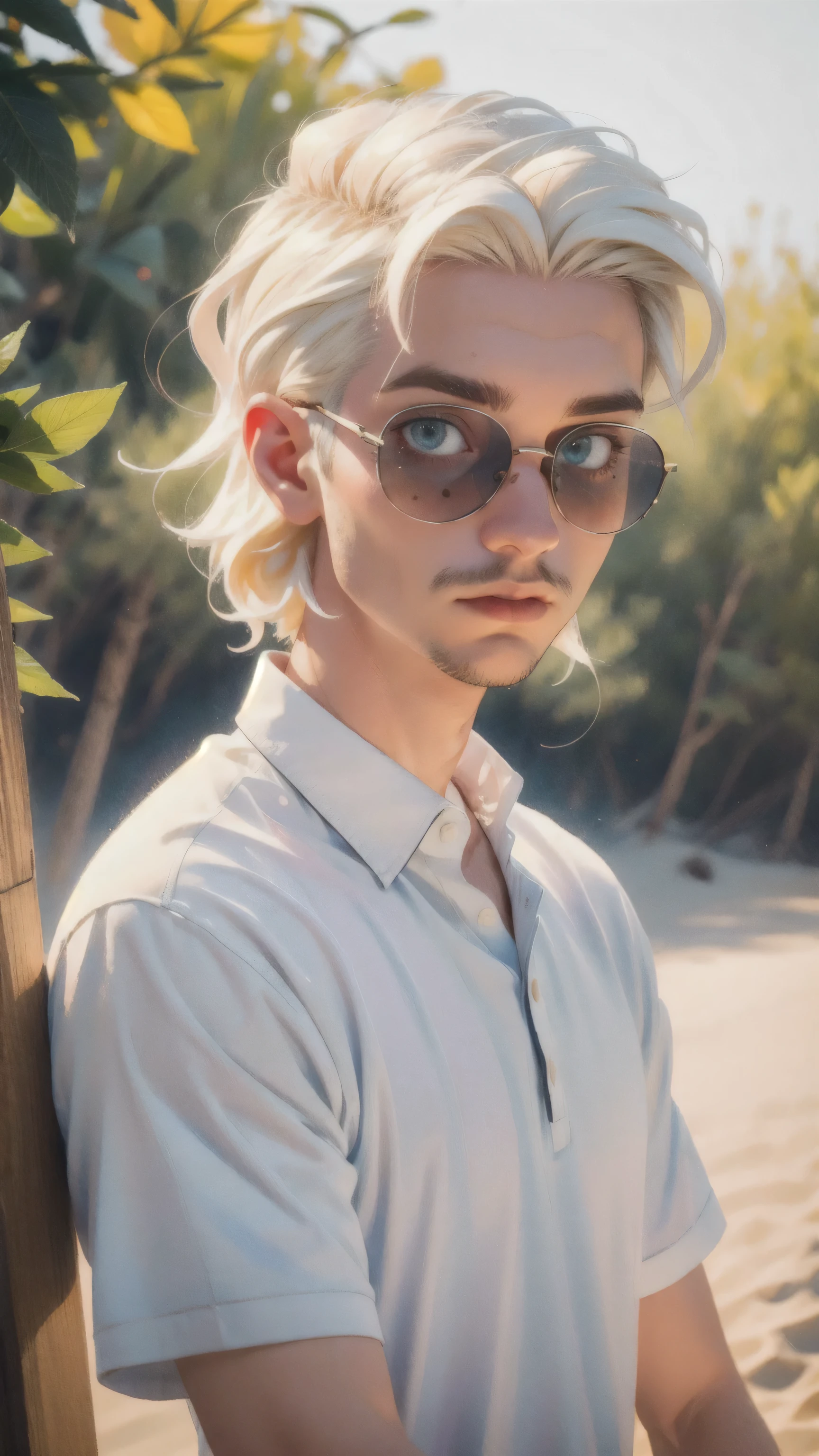 (masterpiece:1.4), (best quality:1.4), arafed man with a white shirt and sunglasses on posing for a picture, albino hair, looking like a model, illuminated by natural light and sunlight, positioned on the beach, one man is blond, style of seb mckinnon, kacper niepokolczycki, white - blond hair, short white hair shaved sides, adam varga, marshal mathers, platinum blond, meszoly geza, christian cline, blonde guy 3d animated cartoon, vibrant, colorful, Watercolor, Ink, (best quality,4k,8k,highres,masterpiece:1.2),ultra-detailed,extremely detailed eyes, vivid colors, detailed background, detailed face, (sunlight theme:1.1), (style-swirlmagic:0.8), morning, wonderful art, vibrant colors
