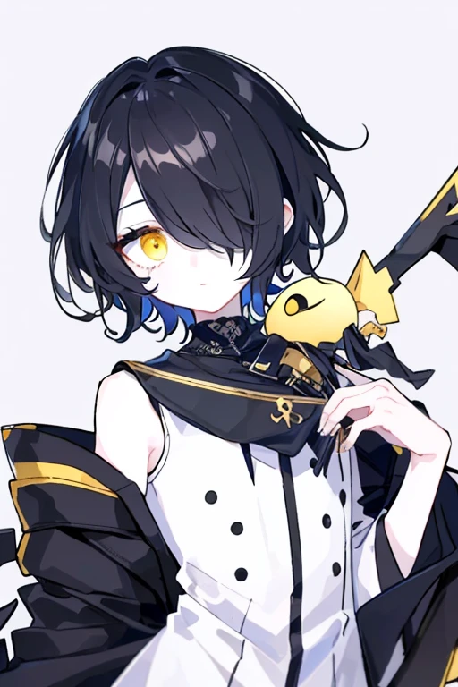 (highest quality、masterpiece:1.2) (((1 boy))) (suit) short hair、black hair,,、yellow eyes、elegant、beautiful eyes、beautiful hair、smooth skin、((low length))((hair above one eye, one eye covered)) (introverted look)upper body visible(((cute face)))