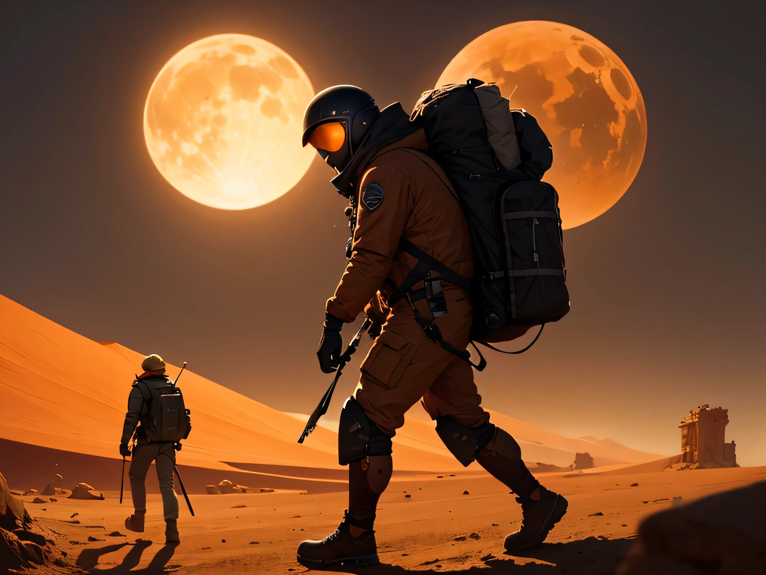 "A lonely explorer on a distant and mysterious planet, coberto por vastos desertos de areia dourada e rochas escarpadas. No horizonte, uma gigantesca tempestade de areia se aproxima, wrapping the sky in shades of orange and red. The explorer is dressed in a tough spacesuit, carrying a backpack of supplies as he walks towards an ancient ruin half-buried by sand. Strange and fascinating alien creatures lurk in the shadows, watching with curiosity as the explorer progresses on his journey of discovery and adventure."