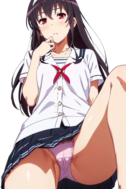 alone, One girl, View Viewer, 2D, anime, anime coloring, Upper Body, (Simple Background, White background:1.3),  utaha kasumigaoka, (((Skirt flip, I can see your panties)))，squat，From below，blush，Embarrassing， (( 指でを触ってする)),Masturbation，orgasm，Love juice, 床にこぼれる, liquid splashing from girl, (( 指でを触ってする))，Climax，Climax，Squirting，