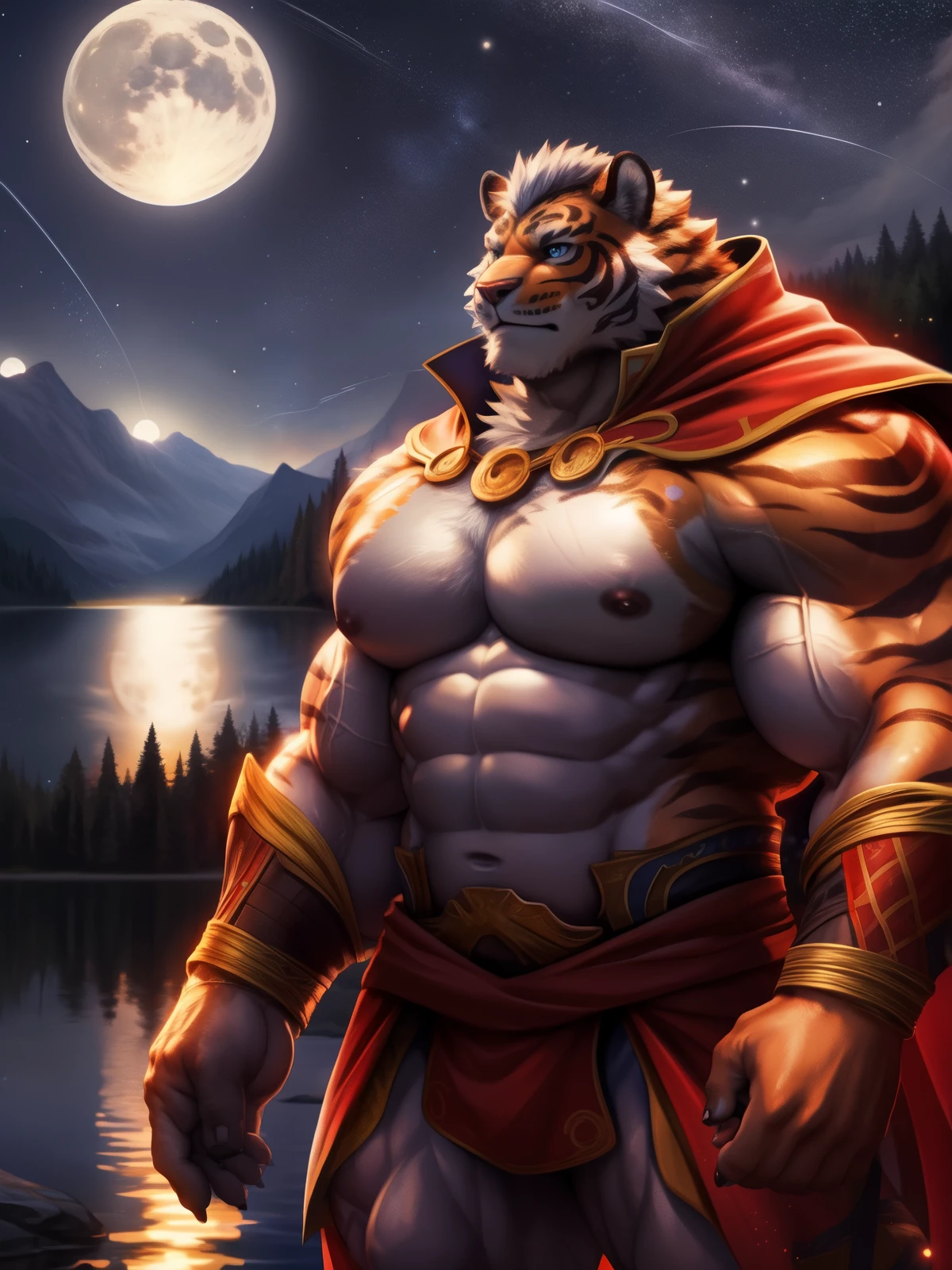 portrait, lin-hu, giant, muscular body, large muscles, large muscle pecs, red cloak, standing in front of lake, night sky, full moon, landscape, depth of field, light particles, (best quality:1.1), (masterpiece:1.1), (ultra detailed:1.1), sharp focus, light particles 