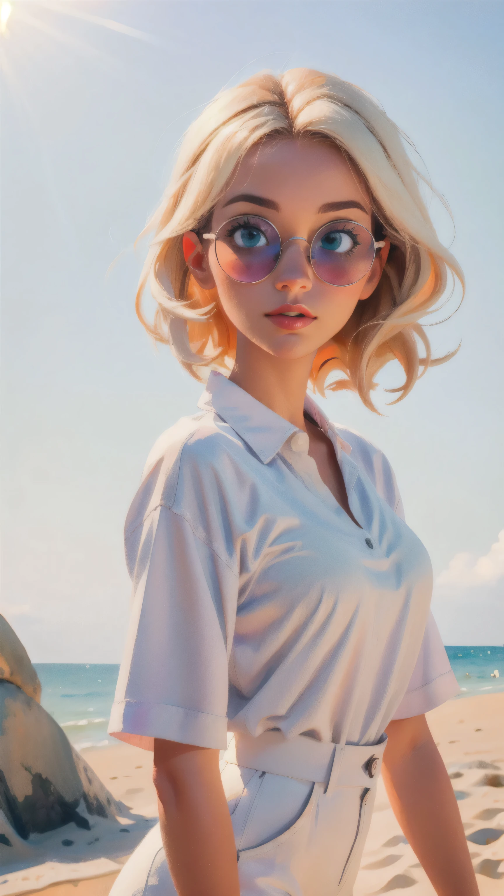 (masterpiece:1.4), (best quality:1.4) 1woman,blond hair, platinum blond, handsome woman, 1woman, wearing a beach shirt and white outfit, wearing sunglasses, looking like a model, illuminated by natural light and sunlight, positioned on the beach, 3D cartoon style, vibrant, colorful, Watercolor, Ink, (best quality,4k,8k,highres,masterpiece:1.2),ultra-detailed,extremely detailed eyes, vivid colors, detailed background, detailed face, (sunlight theme:1.1), (style-swirlmagic:0.8), morning, wonderful art, vibrant colors