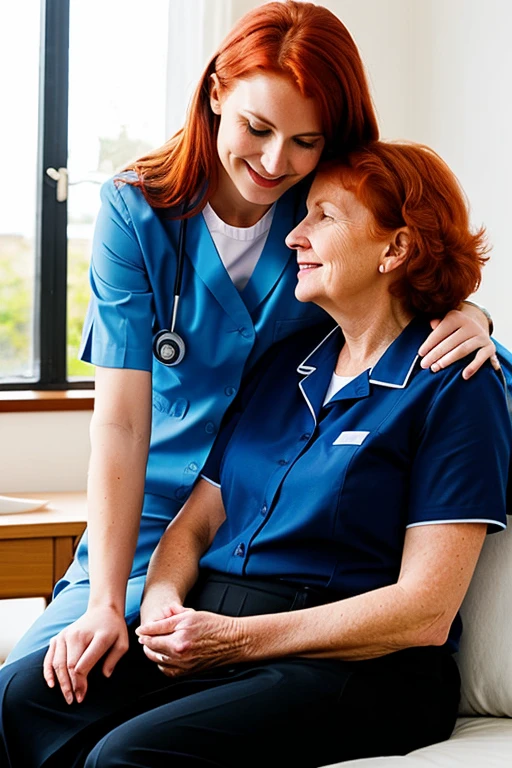 I would like an illustration of a red-haired physiotherapist in a blue uniform caring for a grandmother