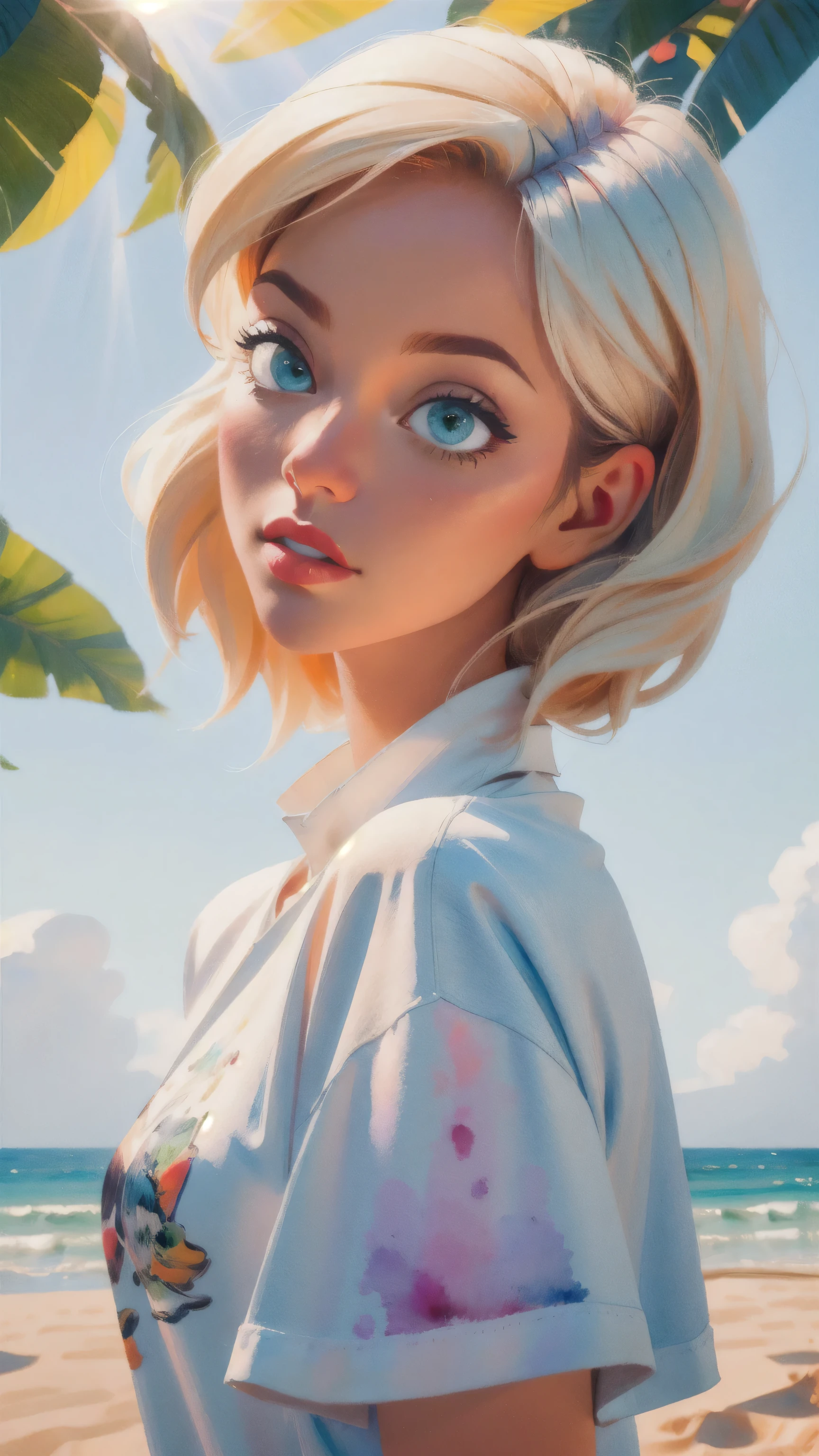 (masterpiece:1.4), (best quality:1.4) 1woman,blond hair, platinum blond, handsome woman, 1woman, wearing a beach shirt and white outfit, wearing sunglasses, looking like a model, illuminated by natural light and sunlight, positioned on the beach, 3D cartoon style, vibrant, colorful, Watercolor, Ink, (best quality,4k,8k,highres,masterpiece:1.2),ultra-detailed,extremely detailed eyes, vivid colors, detailed background, detailed face, (sunlight theme:1.1), (style-swirlmagic:0.8), morning, wonderful art, vibrant colors