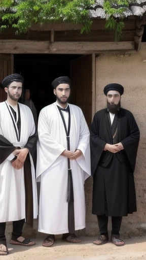 a group of young Haredim men people in front of a village, focus on the face