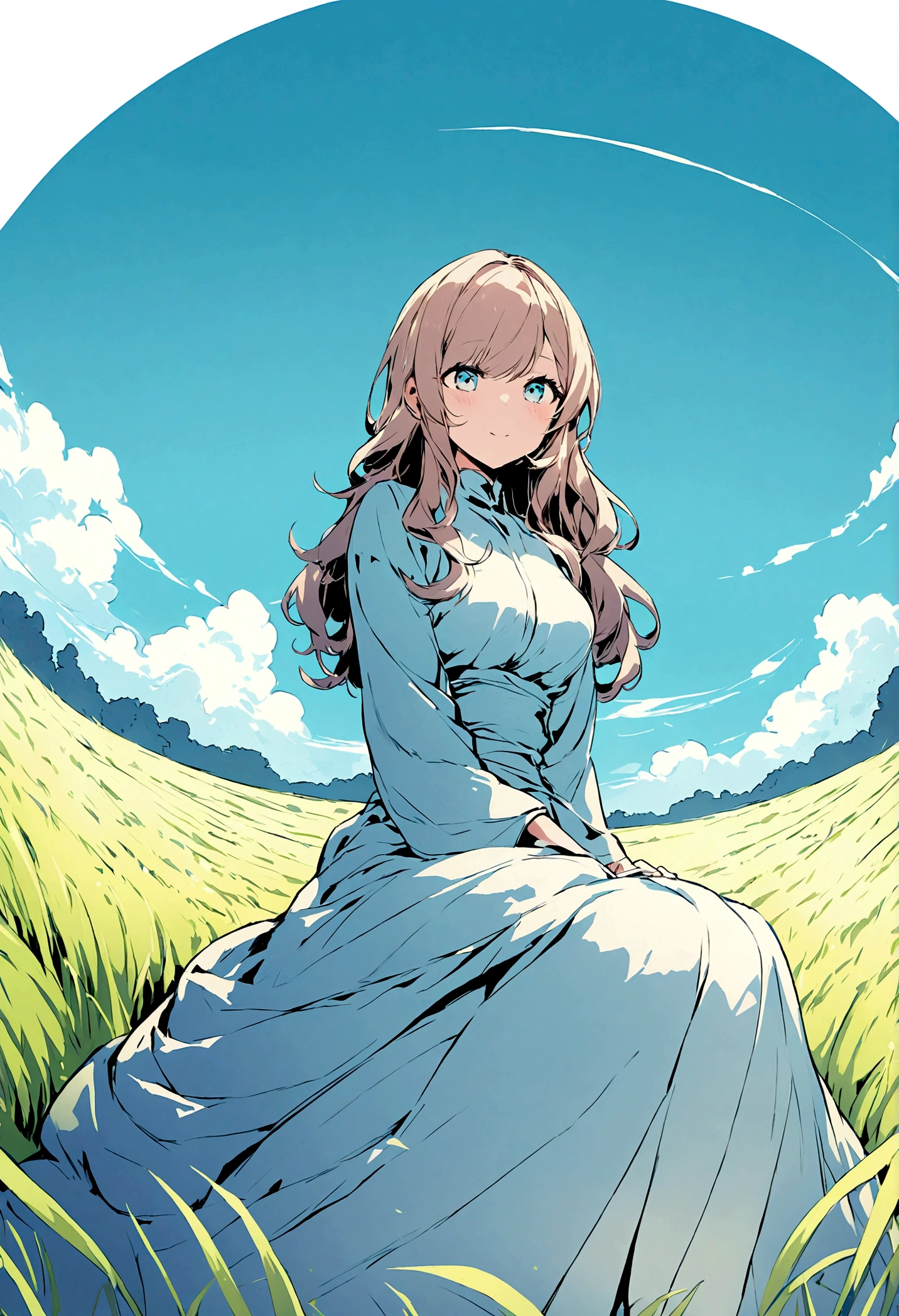 Illustration of a rich woman sitting and looking at a rice field. Wide angle.