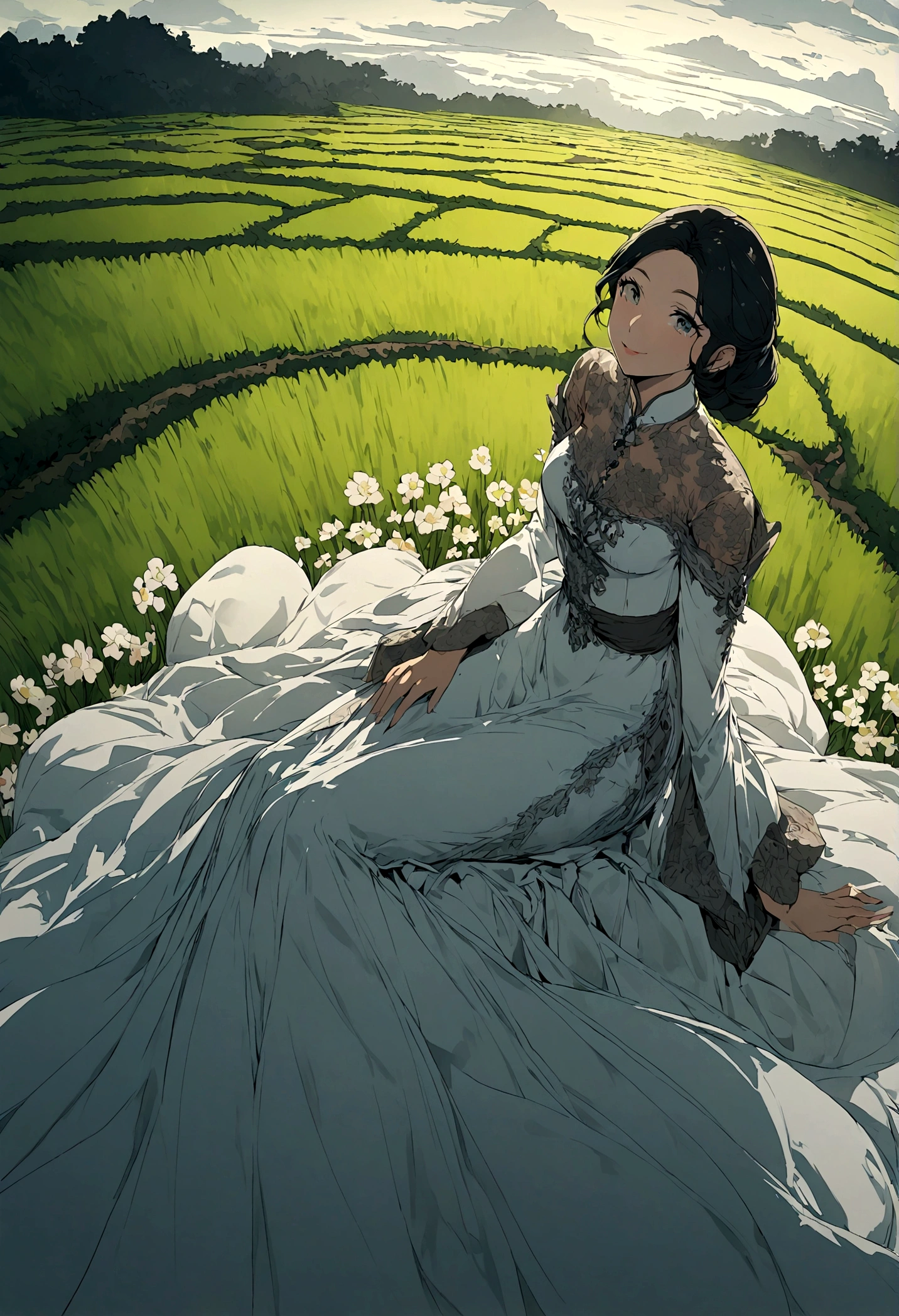 Illustration of a rich woman sitting and looking at a rice field. Wide angle.