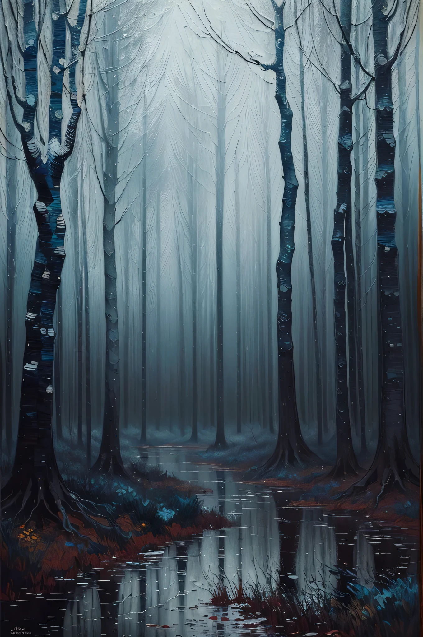 ((best quality)), ((masterpiece)), (detailed), intricate art, dense forest, gloomy atmosphere, detailed painting style, Abstract, Vincent van Gogh