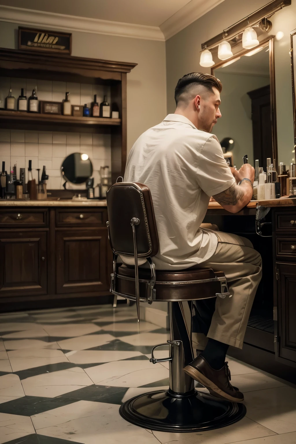 A barbershop interior, detailed barber chairs, vintage cash register, old-fashioned shelves full of grooming products, a classic barber pole outside the shop, warm lighting, intricate tiled floor, men getting haircuts and shaves, skilled barbers in crisp white uniforms, classic rock music playing softly in the background, (best quality,4k,8k,highres,masterpiece:1.2),ultra-detailed,(realistic,photorealistic,photo-realistic:1.37),highly detailed,cinematic lighting,vibrant colors,intricate details