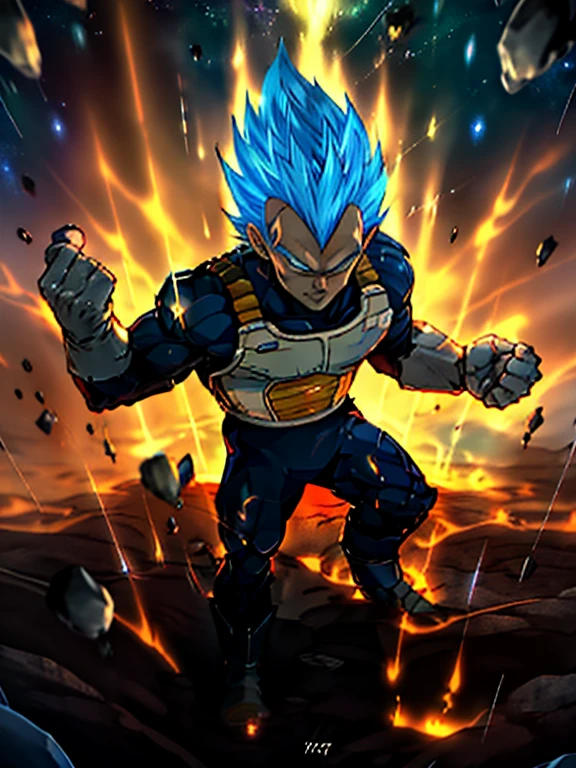 Dibuja un joven Vegeta sentado en una roca en medio del space.. Lleva una ropa azul.. He is forming a ball of energy in his hands., rodeado de varios asteroides que brillan con auras de fuego. Dramatic lighting from distant stars and planets illuminates the scene, Proyectando sombras profundas sobre el disfraz.. El joven parece confiado y decidido, Looking at the vast and mysterious universe with admiration and respect.