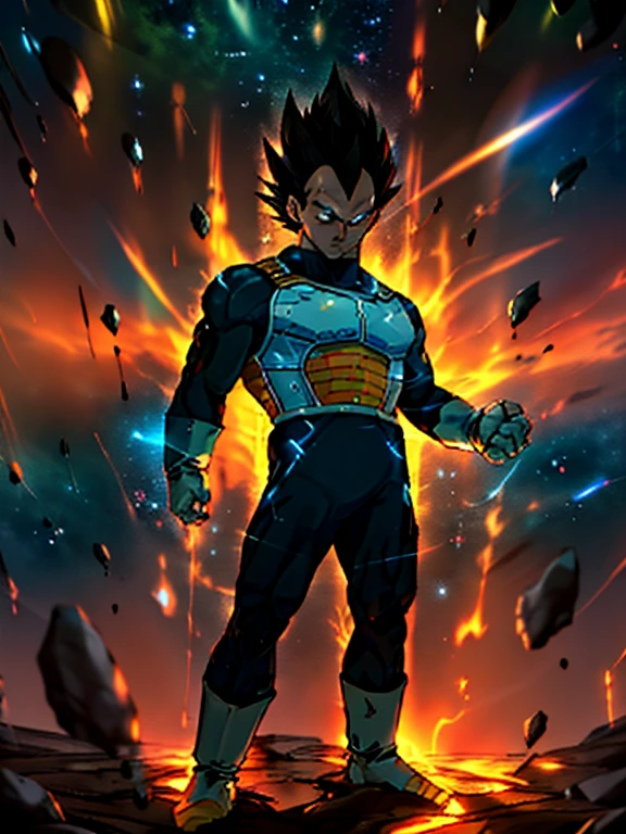 Dibuja un joven Vegeta sentado en una roca en medio del space.. Lleva una ropa azul.. He is forming a ball of energy in his hands., rodeado de varios asteroides que brillan con auras de fuego. Dramatic lighting from distant stars and planets illuminates the scene, Proyectando sombras profundas sobre el disfraz.. El joven parece confiado y decidido, Looking at the vast and mysterious universe with admiration and respect.