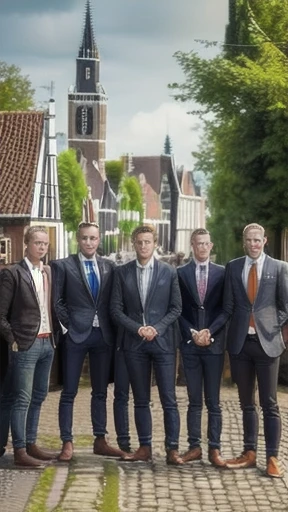 a group of young dutch man people in front of a village, focus on the face