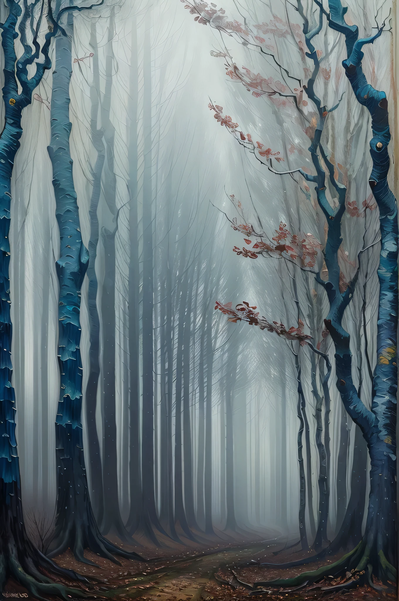 ((best quality)), ((masterpiece)), (detailed), intricate art, dense forest, fog, gloomy atmosphere, detailed painting style, Abstract, Vincent van Gogh
