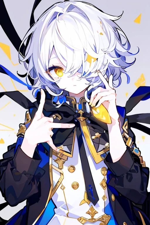 (highest quality、masterpiece:1.2) (((1 boy))) (suit) short hair、black hair,,、yellow eyes、elegant、beautiful eyes、beautiful hair、smooth skin、((low length))((hair above one eye, one eye covered)) (introverted look)upper body visible(((cute face)))