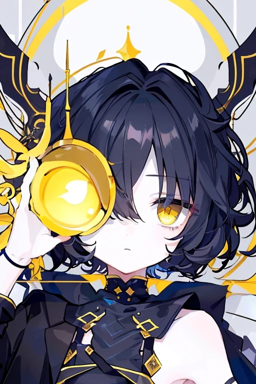 (highest quality、masterpiece:1.2) (((1 boy))) (suit) short hair、black hair,,、yellow eyes、elegant、beautiful eyes、beautiful hair、smooth skin、((low length))((hair above one eye, one eye covered)) (introverted look)upper body visible(((cute face)))