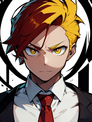  Concept ART  ,human Male , ((white mad pointer hair )),red Tie , yellow pupils 