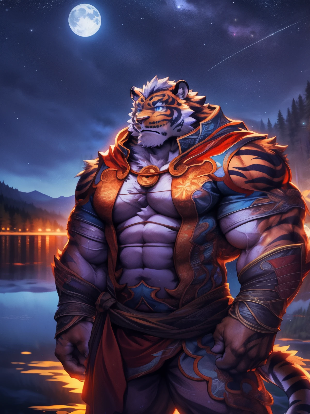 Jungle, loincloth, two people, touching genitals, night, beautiful starry sky, blush, fearless, muscular, dignified々Nice face