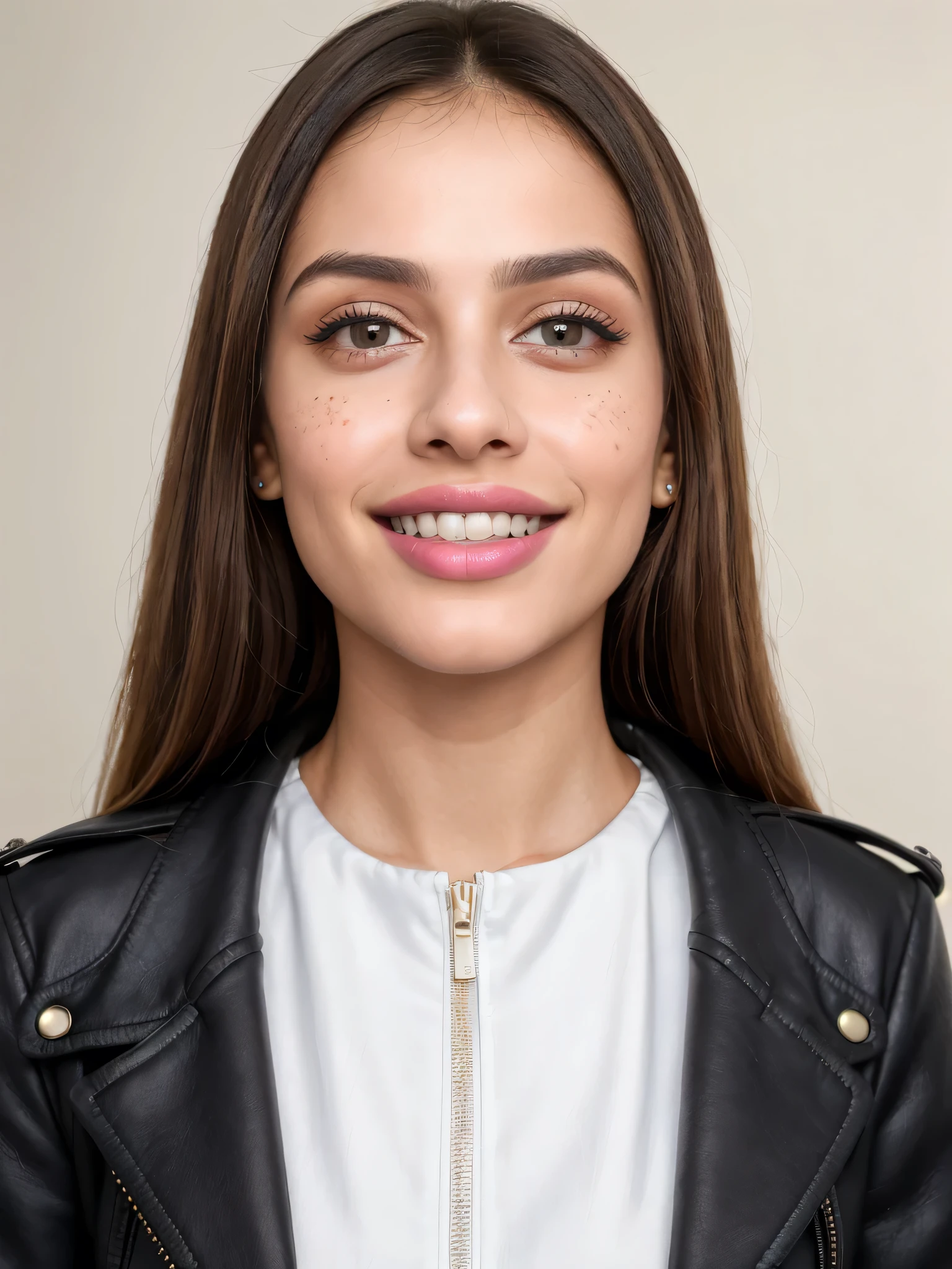 (8k, highest quality, ultra high resolution, photorealistic:1.4, UHD, ultra detailed:1.37, mid-range image),1girl, in a dentist clinic, white teethes, small nose, big eyes, 18yo, black jacket, light brown eyes, small head, acne,bad skin,small nose, acne skin, real, thick hair, super realistic detailed eyes, super realistic detailed teethes, Arab women, modest, attractive smile, white teeth, showcases her unique fashion sense in a trendy setting. The high-resolution image captures ultra-detailed realism, highlighting confident pose, captivating eyes, big eyes, and flawless complexion