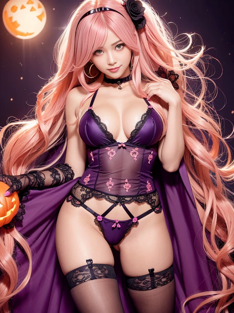 ultra realistic girl, smiling face, orange and pink ombre flowers background, portrait, halloween, goth, gyaru, purple flowing hair, garter belt, cute lack lace underwear, sweet and sexy, seductive pose