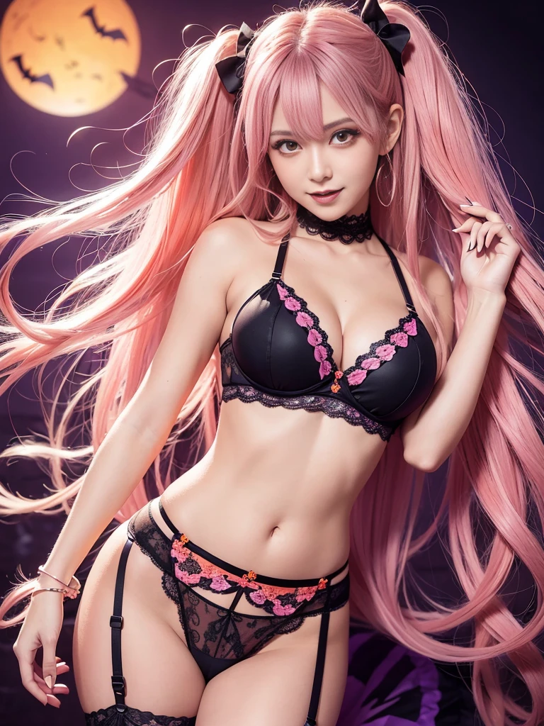 ultra realistic girl, smiling face, orange and pink ombre flowers background, portrait, halloween, goth, gyaru, purple flowing hair, garter belt, cute lack lace underwear, sweet and sexy, seductive pose