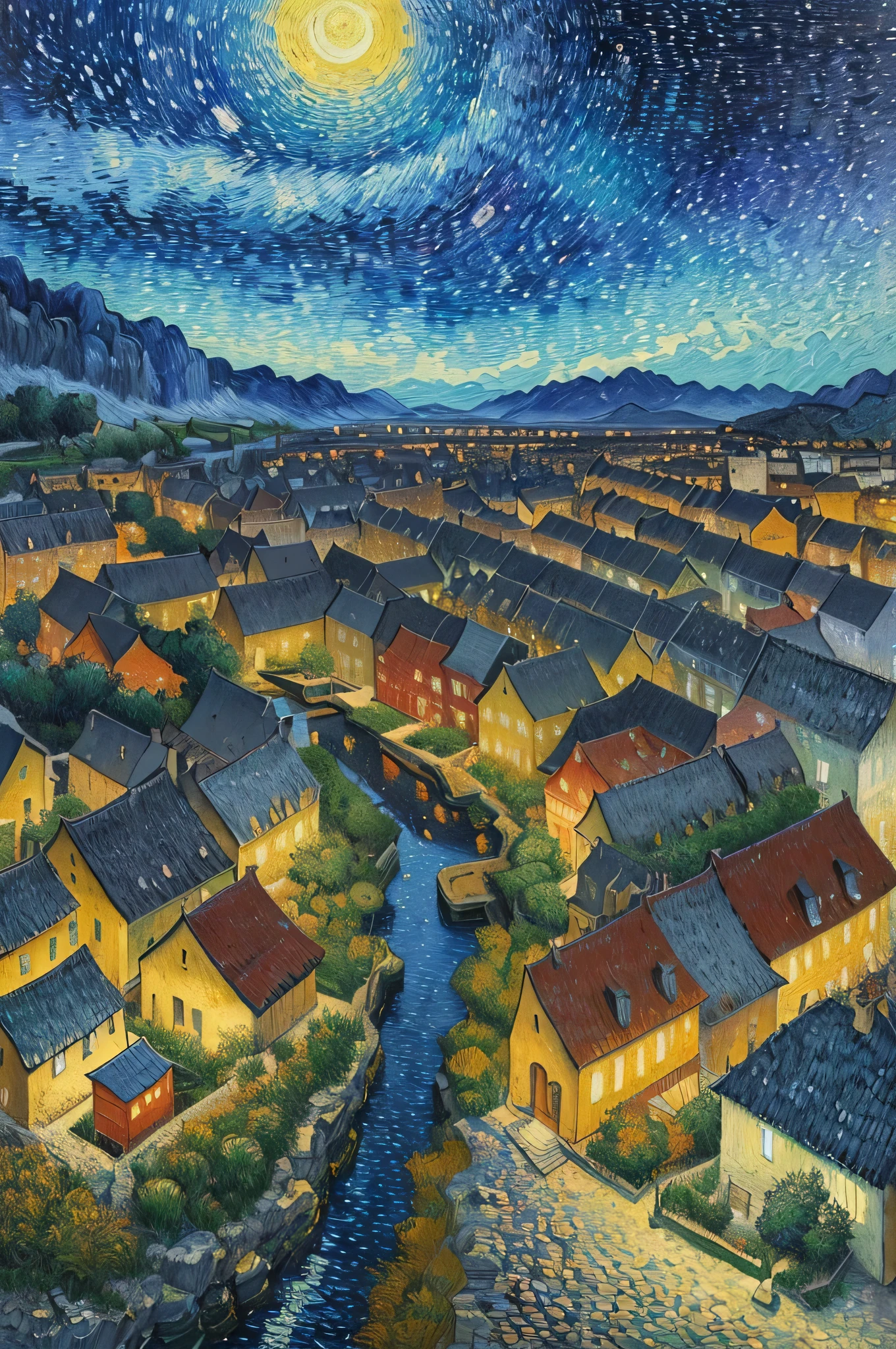 ((best quality)), ((masterpiece)), (detailed), intricate art, a village, view from above, distant vision, vibrant colors, detailed painting style, Abstract, Vincent van Gogh