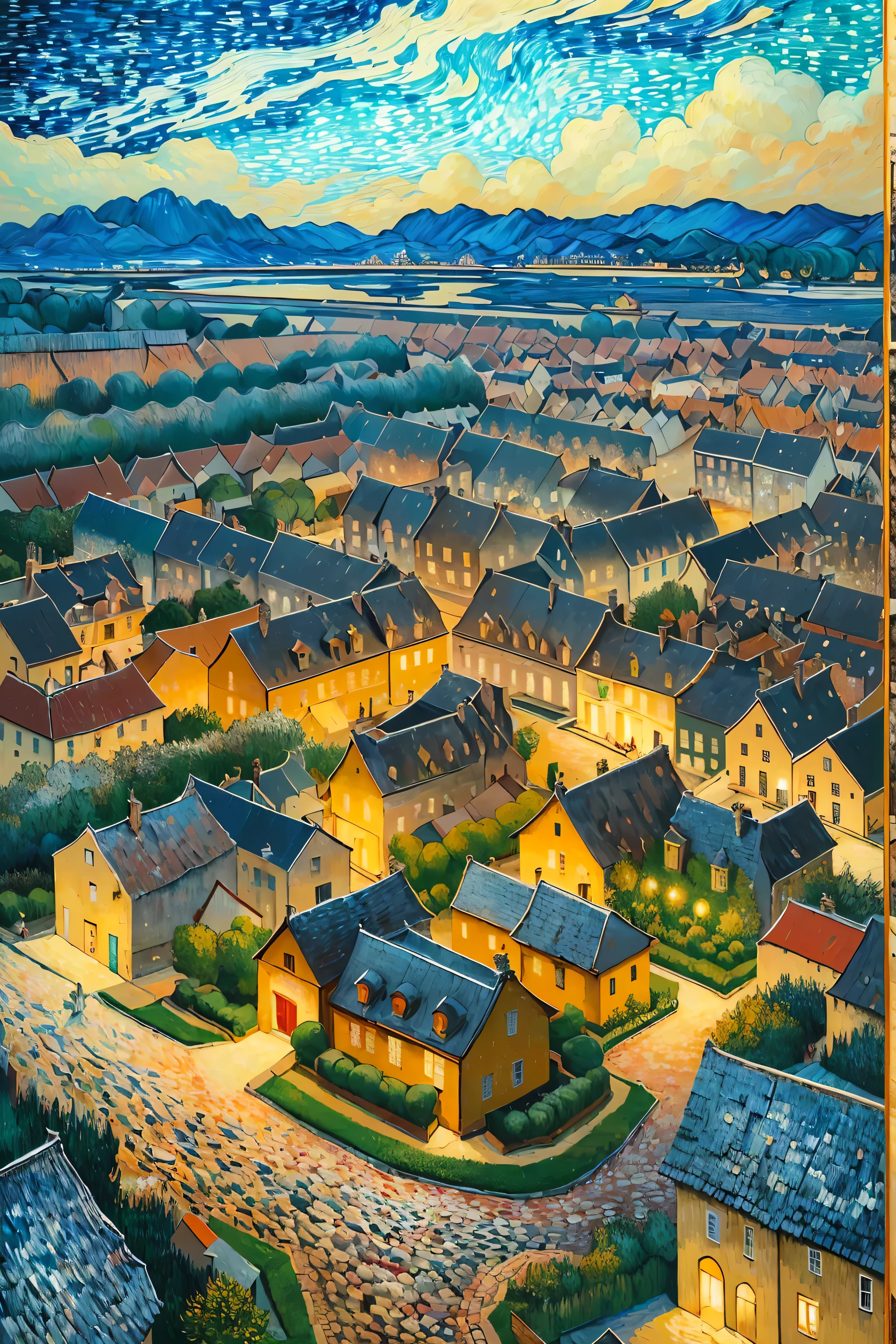 ((best quality)), ((masterpiece)), (detailed), intricate art, a village, view from above, distant vision, vibrant colors, detailed painting style, Abstract, Vincent van Gogh