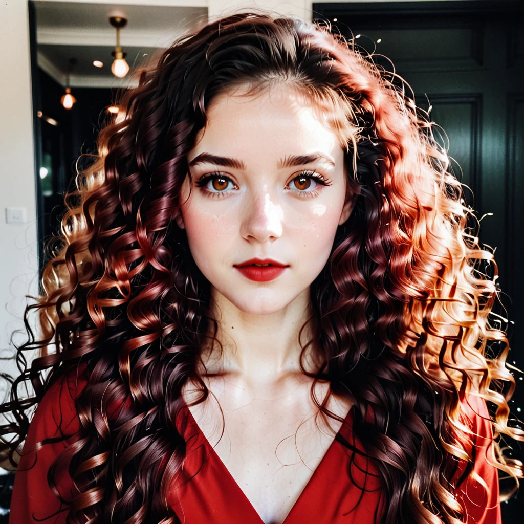 [white-skinned topless woman:1.2, long curly hair:1.2, elegant red dress, snub-nosed, bright brown eyes], half body, VSCO filter: C8)