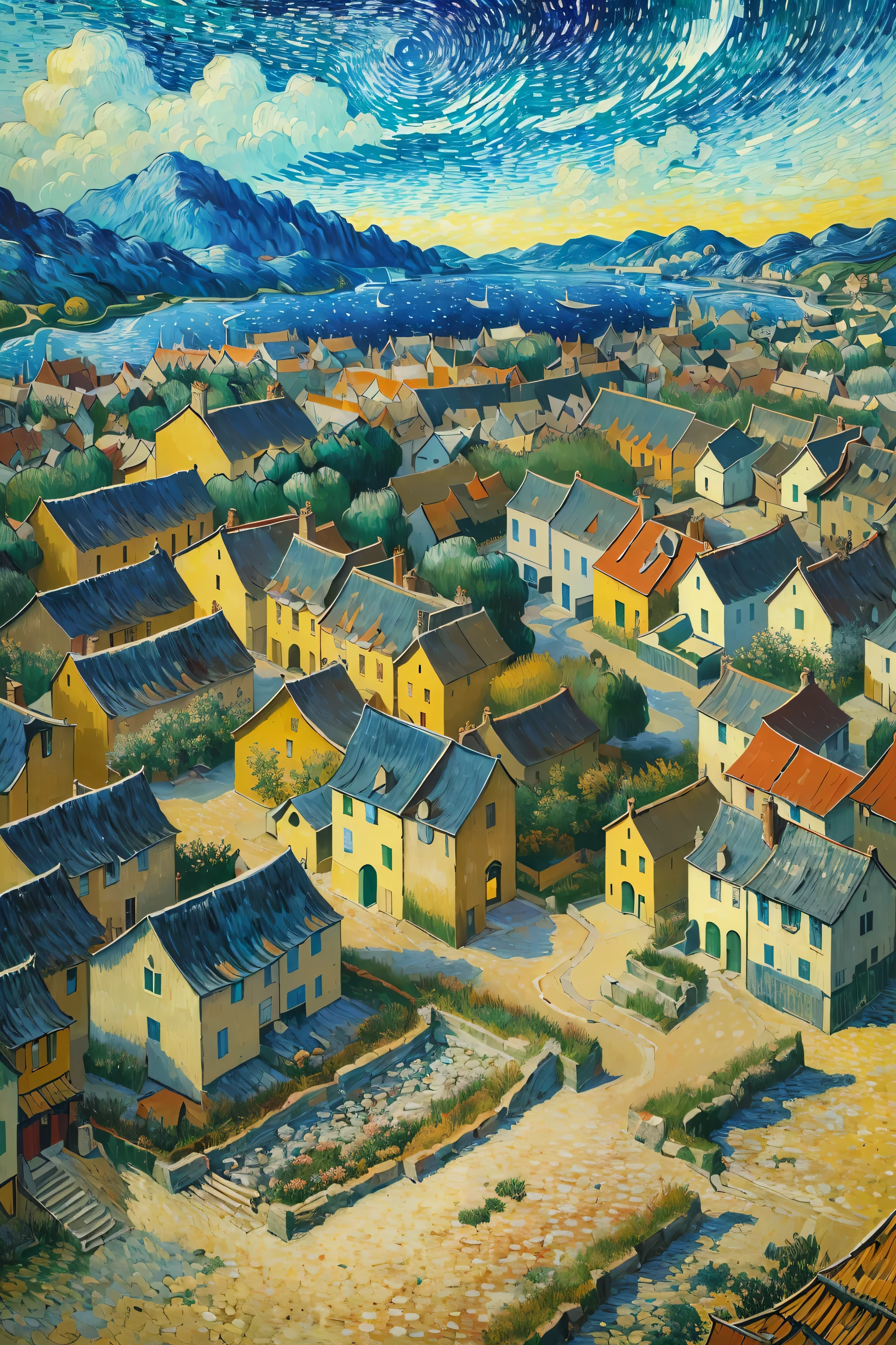 ((best quality)), ((masterpiece)), (detailed), intricate art, a village, view from above, distant vision, vibrant colors, detailed painting style, Abstract, Vincent van Gogh