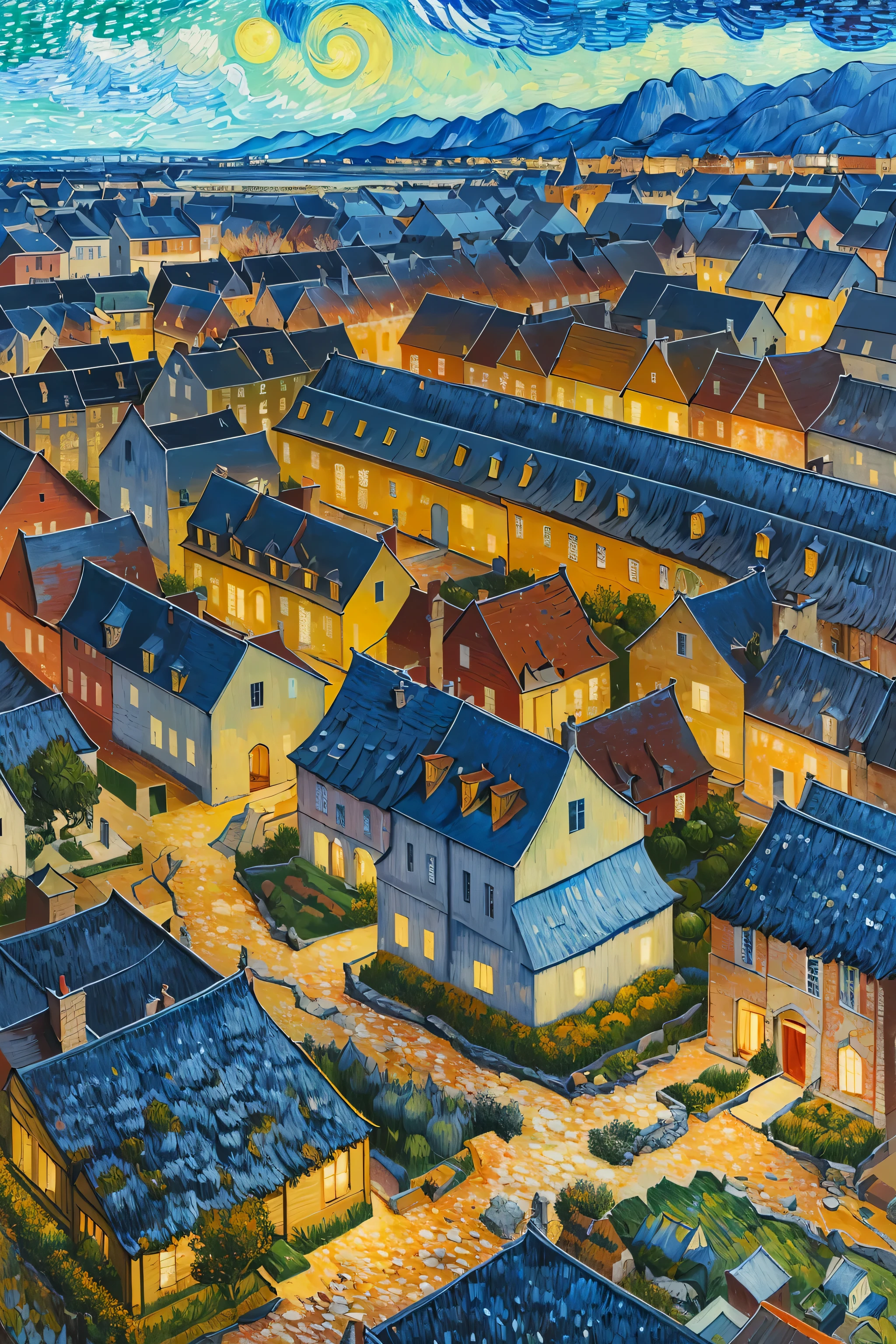 ((best quality)), ((masterpiece)), (detailed), intricate art, a village, view from above, distant vision, vibrant colors, detailed painting style, Abstract, Vincent van Gogh